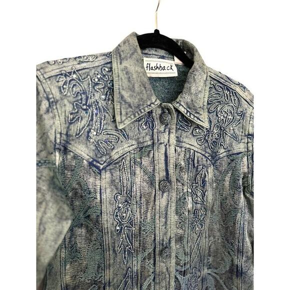 Vintage 90s Flashback Jacket Blue Embroidered Sequin Crochet Size Small Festival - Picture 2 of 8